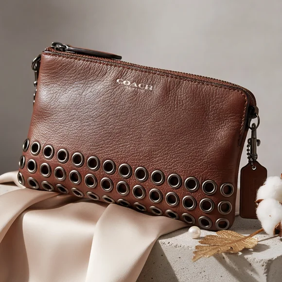 Coach Brown Leather Wristlet with Grommet Accents | Modern Classic Chic Style - Picture 7 of 13